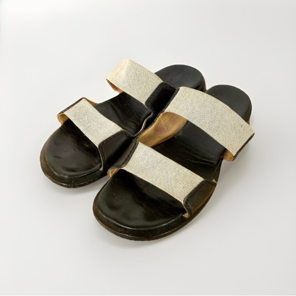 Hermes women’s canvas strap leather sandal slides